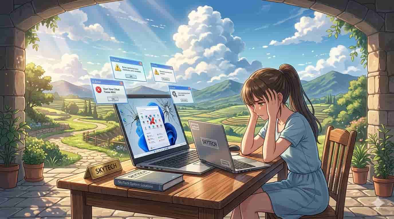 Ilustração anime de uma pessoa em uma varanda ensolarada com plantas, tentando usar um notebook com o menu iniciar travado, estilo Makoto Shinkai e marca SKYTECH visível.