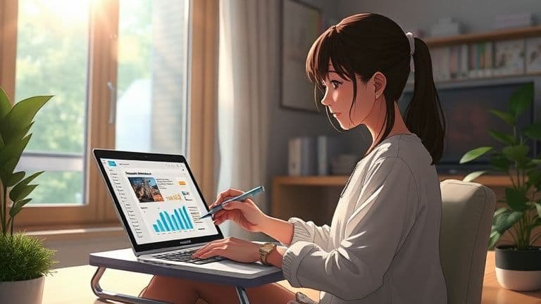 Mulher jovem planejando seu negócio digital em um laptop SKYTECH em um escritório iluminado e moderno.