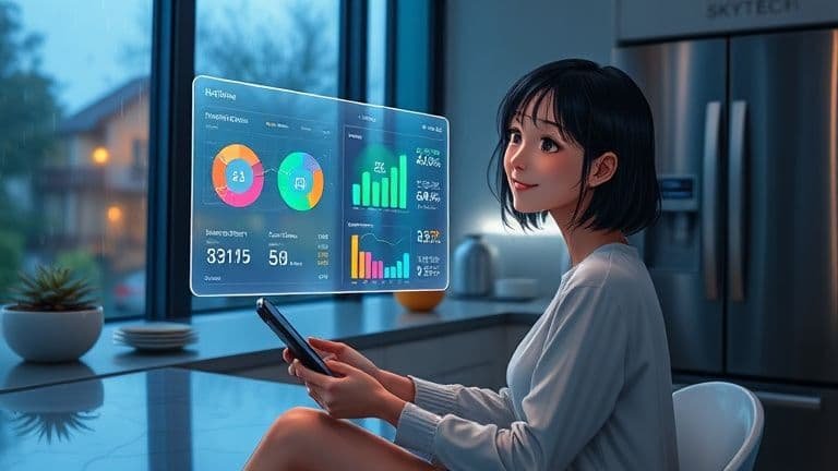 Como a Inteligência Artificial Facilita o Controle de Gastos e Transforma Suas Finanças Pessoais 2 Mulher interagindo com gráficos financeiros de IA em uma cozinha moderna e tecnológica da SKYTECH.