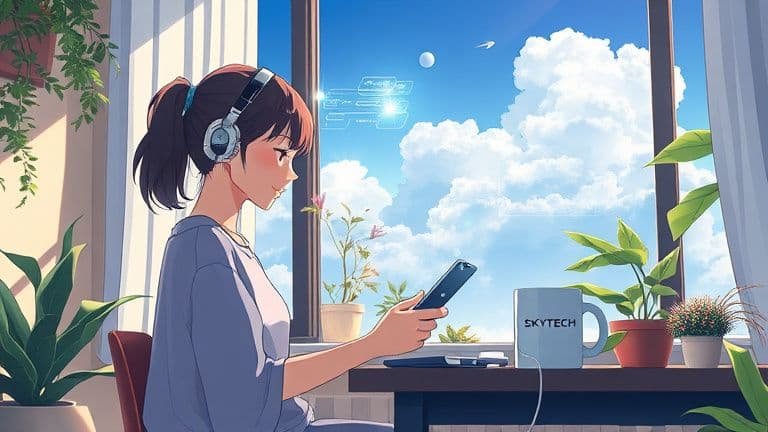 Ilustração estilo anime de uma pessoa usando inteligência artificial e gadgets em casa.