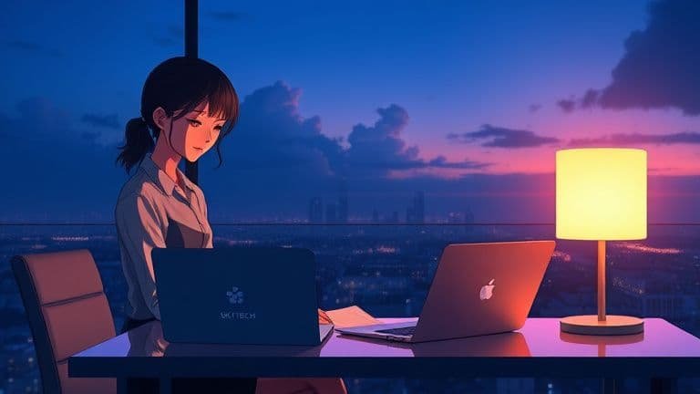 Mulher em varanda ao entardecer ajustando lâmpada inteligente com marca Skytech visível, estilo Makoto Shinkai.