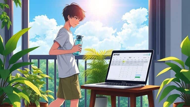 Ilustração estilo anime de pessoa se exercitando em varanda ensolarada com notebook SKYTECH ao lado.