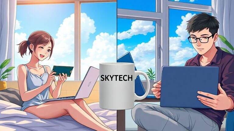 Mais RAM ou SSD: o que melhora mais o notebook lento? 8 Ilustração dividida: de um lado uma mulher com memória RAM e do outro um homem com um SSD, com o logo SKYTECH centralizado.