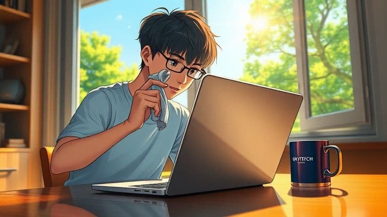 Ilustração estilo anime de pessoa fazendo limpeza e manutenção em um notebook em dia claro.