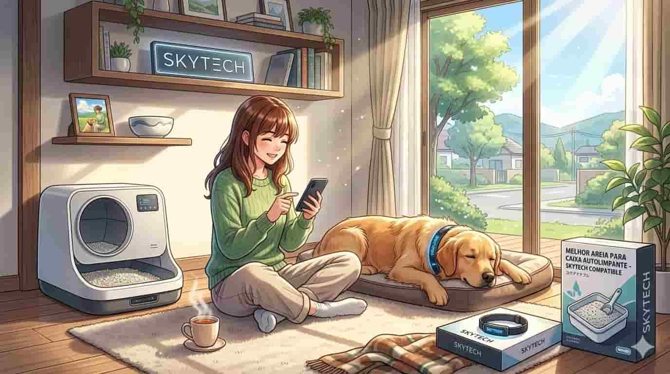 Melhor areia para usar em caixa autolimpante: O Guia Definitivo para um Gato Feliz e um Lar Limpo 6 Gato próximo a uma caixa de areia autolimpante tecnológica em sala iluminada com logo Skytech.