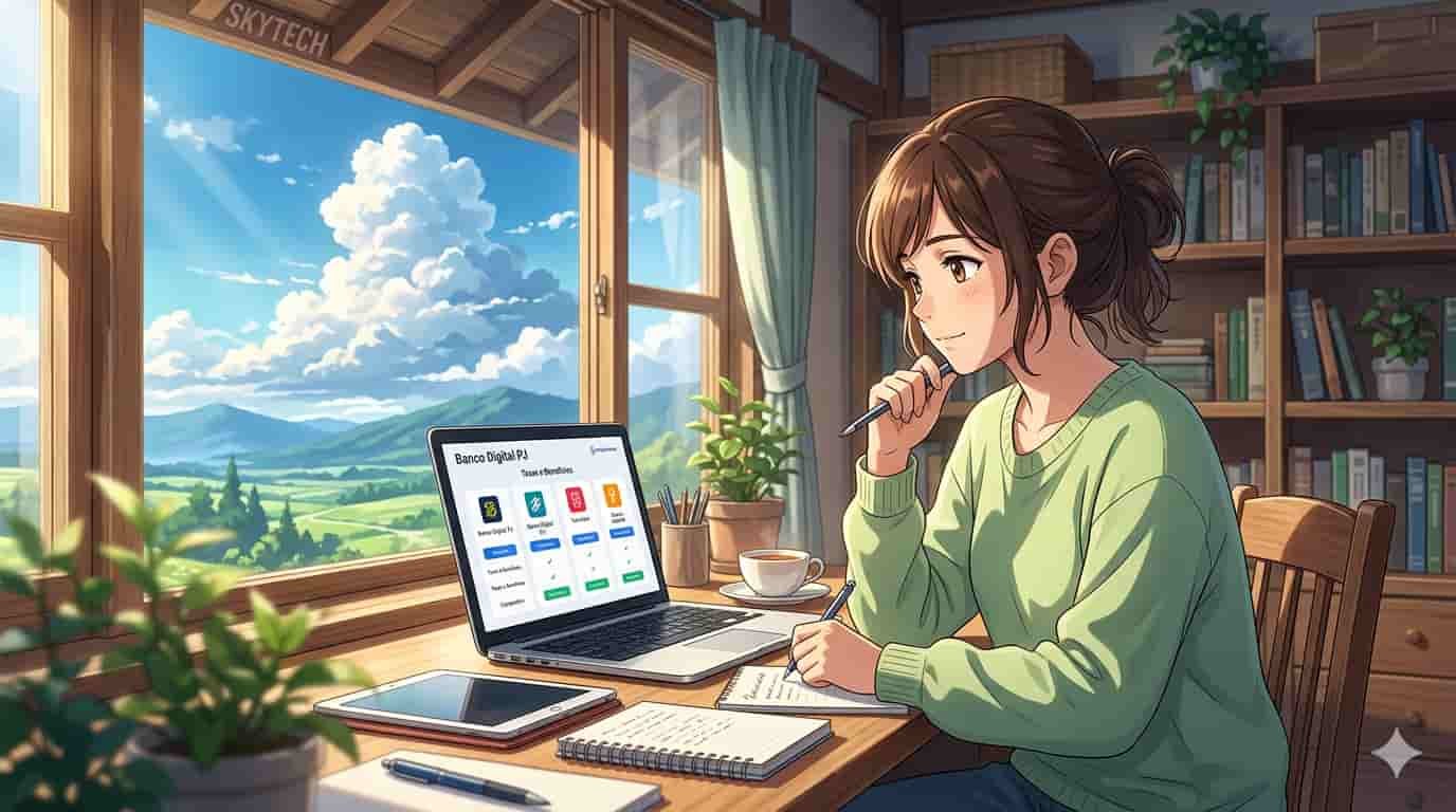 Ilustração estilo anime de empresário analisando bancos digitais em escritório iluminado com logo SKYTECH ao fundo.