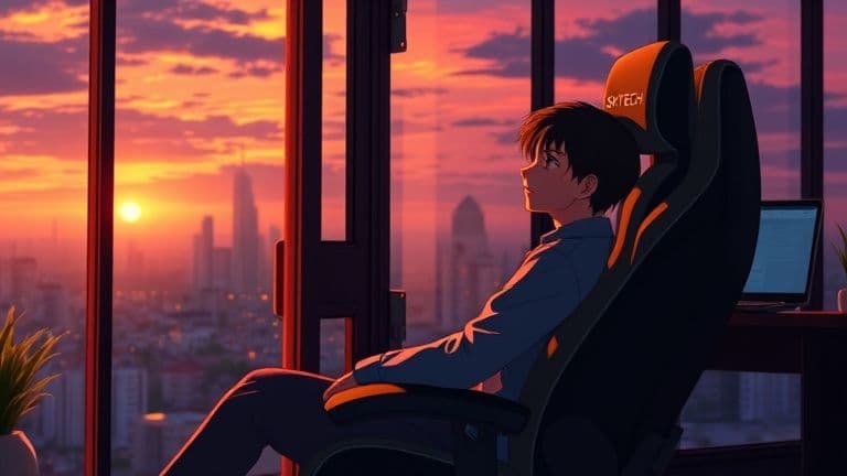 Ilustração estilo anime de pessoa relaxada em uma cadeira ergonômica premium da SkyTech em uma varanda.