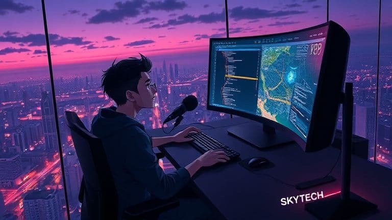Homem utilizando um monitor ultra-wide SKYTECH para trabalhar e jogar em uma varanda moderna.