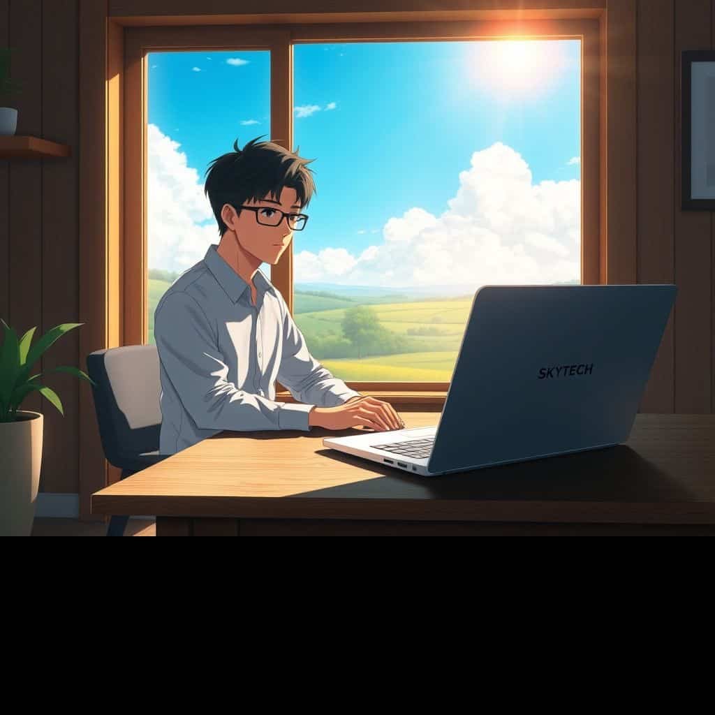 Ilustração estilo anime de pessoa analisando rendimentos em banco digital em um notebook SKYTECH.