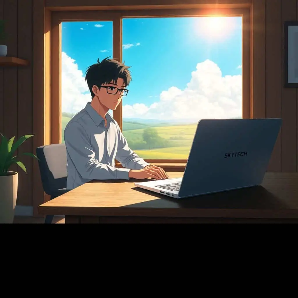 Melhores Bancos Digitais: Onde seu Dinheiro Rende Mais 7 Ilustração estilo anime de pessoa analisando rendimentos em banco digital em um notebook SKYTECH.