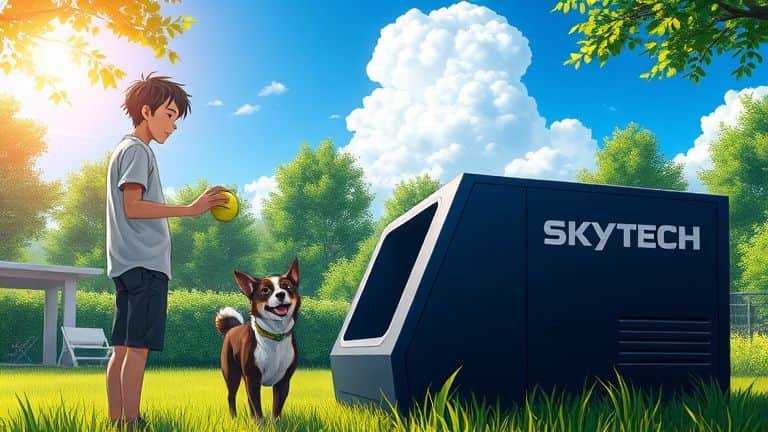 Melhores Lançadores de Bolinha Automáticos para Cães 9 Homem em um jardim ensolarado preparando um lançador automático de bolinhas SKYTECH para seu cachorro.