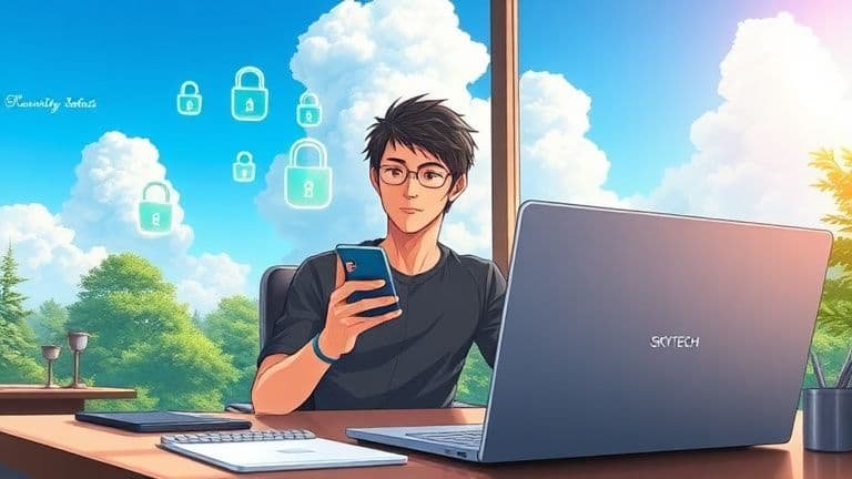 Ilustração Makoto Shinkai de pessoa protegendo apps de banco com senhas fortes e marca SKYTECH visível.