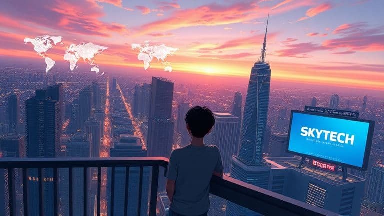 Ilustração estilo anime de um investidor observando o mercado de ações tech e gráficos globais ao amanhecer.