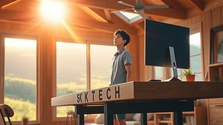 Homem em pé trabalhando em uma mesa com regulagem de altura em um escritório no sítio estilo anime.