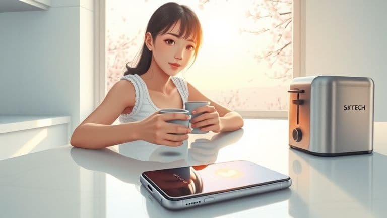 Como usar o modo "Não Perturbe" de forma inteligente 3 Mulher relaxando em uma cozinha moderna enquanto seu smartphone está no modo não perturbe SKYTECH.