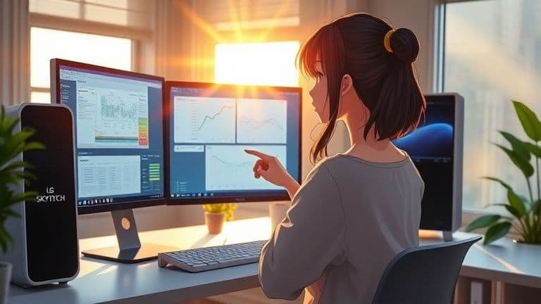 Monitor LG vs Samsung: qual o melhor para office? 9 Mulher comparando monitores LG e Samsung em um escritório iluminado com tecnologia SKYTECH, estilo anime