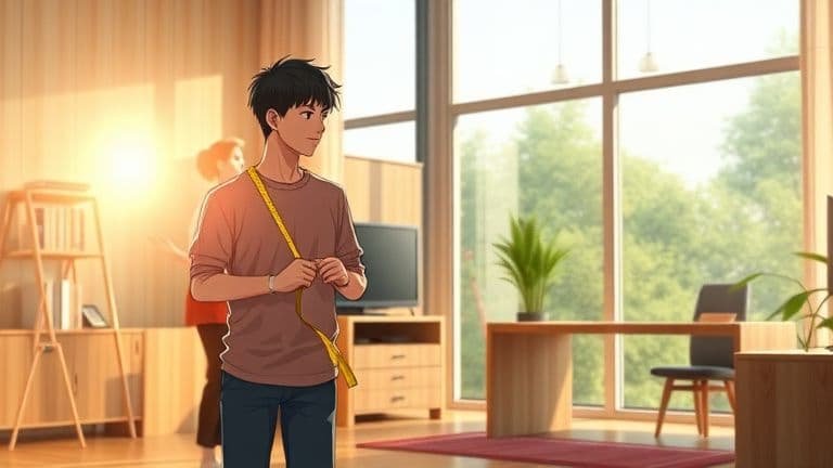 Pessoa comparando móveis planejados e prontos em uma sala iluminada com toque SKYTECH, estilo anime.