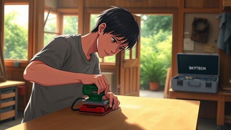 Ilustração estilo anime de pessoa reformando móvel de madeira em oficina com marca SKYTECH.