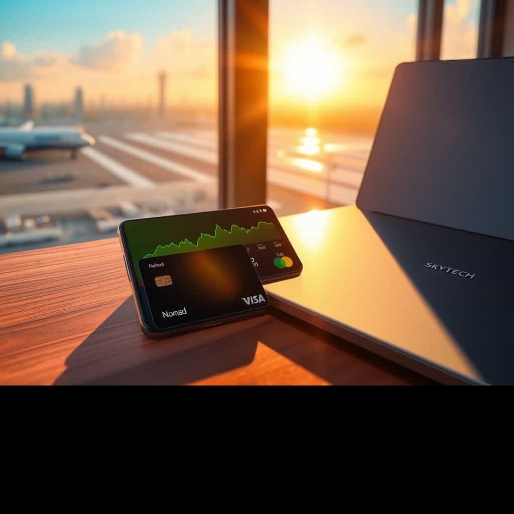 Cartão Nomad e aplicativo de investimentos em um cenário tech estilo anime Makoto Shinkai.