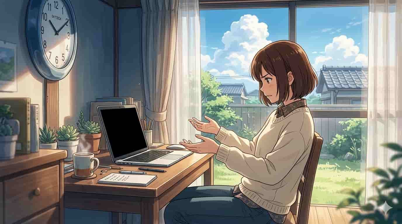 Notebook apaga a tela sozinho: causas e soluções 2 Ilustração estilo anime de uma pessoa em frente a um notebook com a tela apagada em um quarto iluminado, com o nome SKYTECH visível.