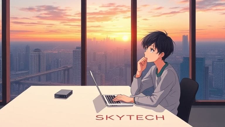 Notebook com barulho de estalo: o que pode ser? 6 Ilustração anime de rapaz em apartamento moderno intrigado com estalo no notebook, estilo Shinkai com logo SKYTECH.