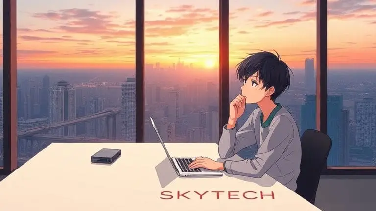 Ilustração anime de rapaz em apartamento moderno intrigado com estalo no notebook, estilo Shinkai com logo SKYTECH.