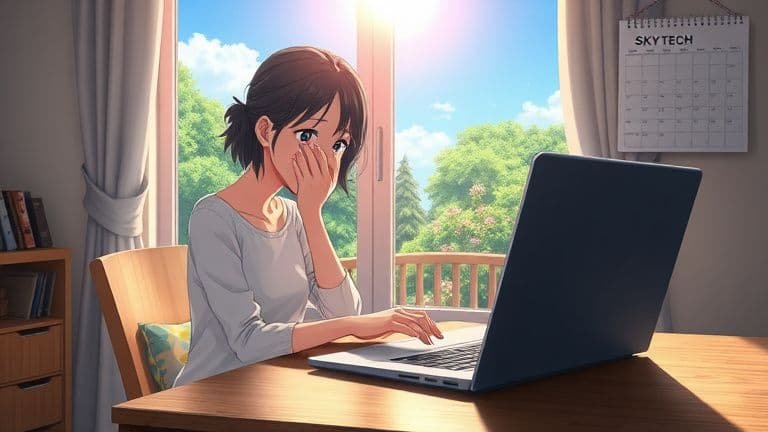 Ilustração anime de mulher assustada com fumaça saindo do notebook, marca Skytech visível na parede.
