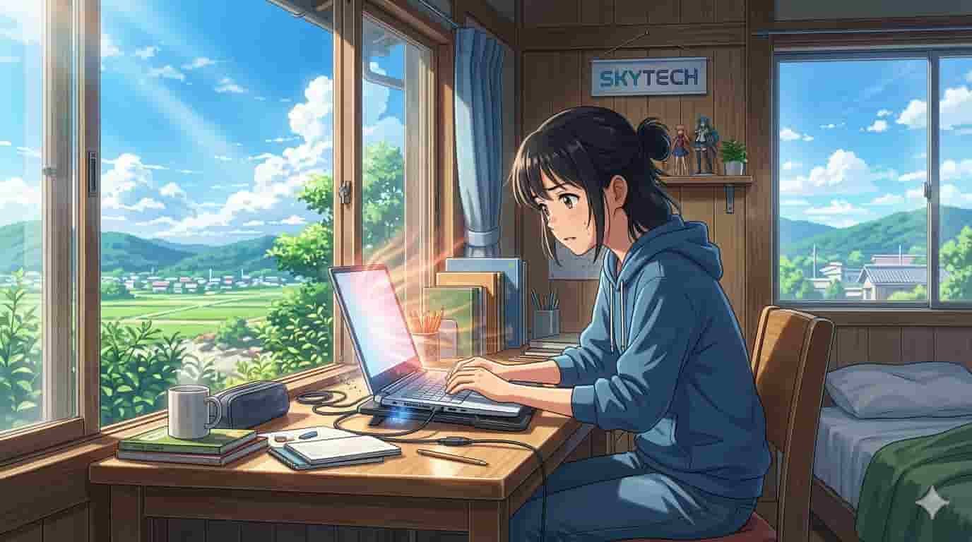 Ilustração estilo anime de jovem ajustando notebook com cooler disparado em ambiente iluminado com logo Skytech