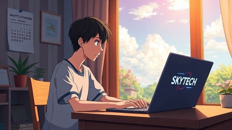 Notebook com tela piscando: como estabilizar a imagem 1 Ilustração estilo anime de pessoa frustrada com notebook apresentando tela piscando e falhas de imagem em ambiente iluminado, com nome SKYTECH.