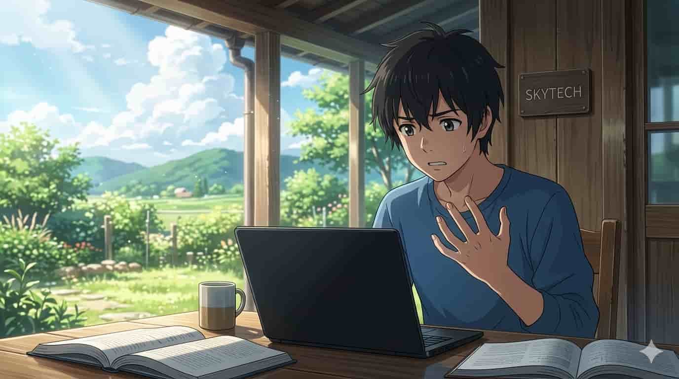 Notebook desliga do nada no meio do uso: como evitar 2 Ilustração anime de rapaz frustrado com notebook que desligou do nada, luz solar e logo SKYTECH visível no ambiente.