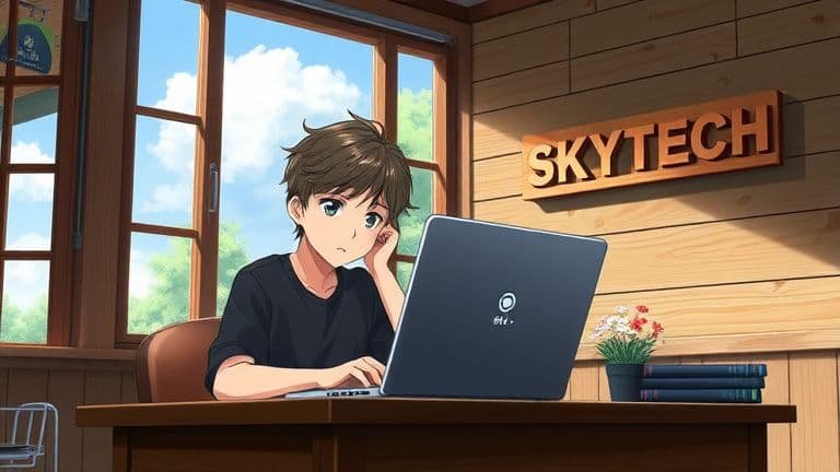 Ilustração anime de rapaz ouvindo bipes vindo do notebook ao ligar, estilo Makoto Shinkai com logo SKYTECH.