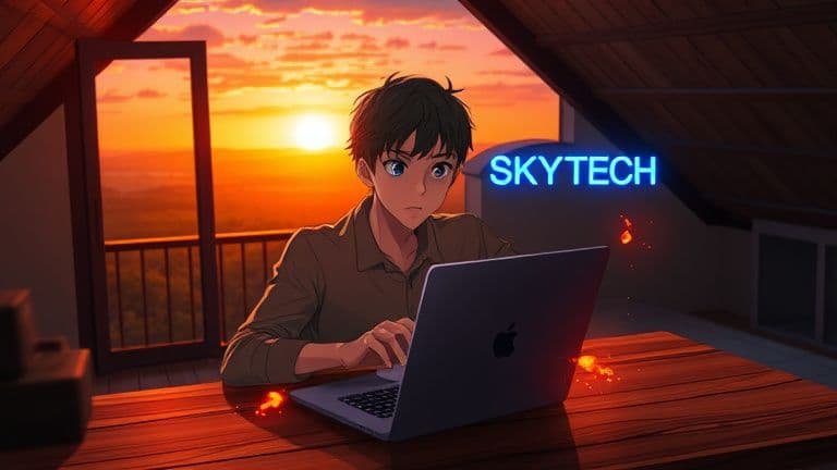 Notebook com listras na tela: defeito físico ou driver? 2 Ilustração estilo anime de homem preocupado com teclado de notebook emitindo calor intenso, logo Skytech ao fundo.