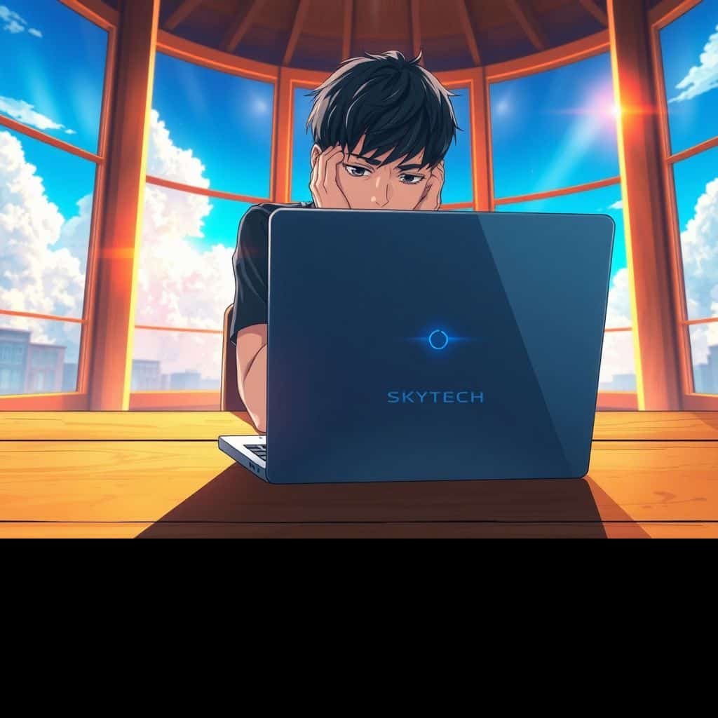 Ilustração estilo anime de uma pessoa frustrada com notebook lento em uma sala iluminada, com a marca SKYTECH visível.