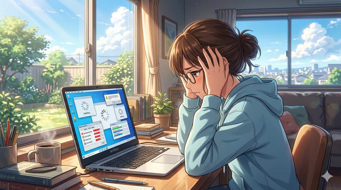 Ilustração em estilo anime de uma pessoa sentada à mesa de madeira, olhando para um notebook com sinais de lentidão, em um quarto ensolarado com a marca SKYTECH gravada na mesa.