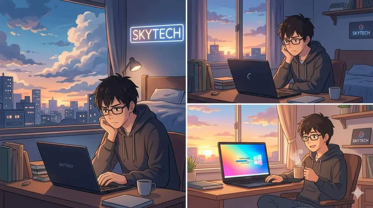 Notebook demora para ligar: causas e correções rápidas 10 Ilustração estilo anime de um notebook fechado sob um céu estrelado com a marca SKYTECH visível.