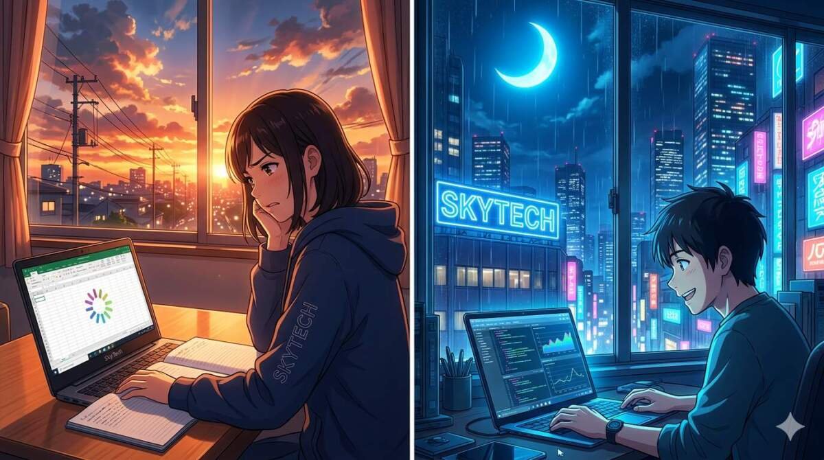 Close-up artístico de um notebook sobre uma mesa de madeira, iluminação suave de fim de tarde e o nome SKYTECH escrito em um quadro na parede.