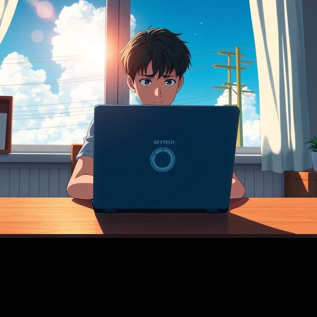Ilustração estilo anime de um jovem em um quarto ensolarado olhando para um notebook com sinal de carregamento, com o nome Skytech visível.