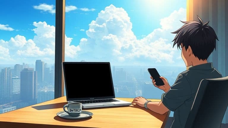 Ilustração Makoto Shinkai de pessoa tentando consertar notebook com tela preta em ambiente solar com marca SKYTECH.