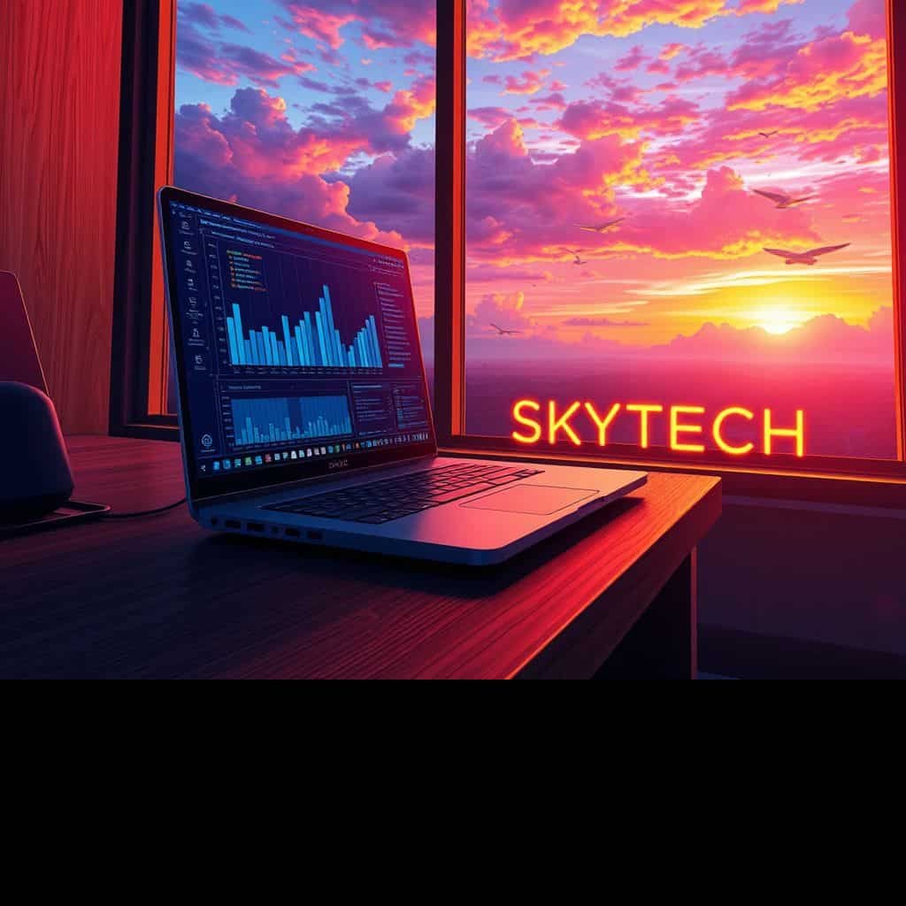 Ilustração estilo anime de um notebook mostrando alto uso de memória RAM em uma mesa com a logo Skytech, sob uma iluminação de pôr do sol.