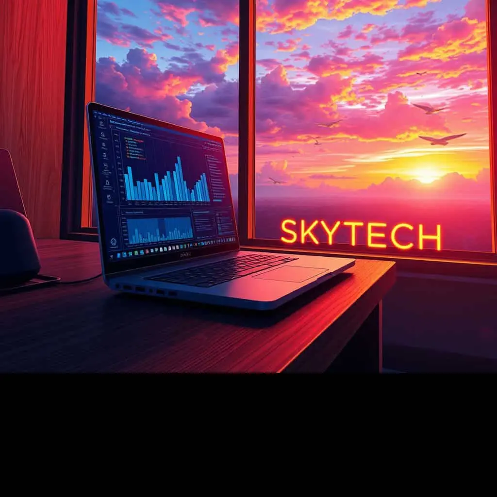Notebook com RAM cheia: como reduzir consumo agora 4 Ilustração estilo anime de um notebook mostrando alto uso de memória RAM em uma mesa com a logo Skytech, sob uma iluminação de pôr do sol.