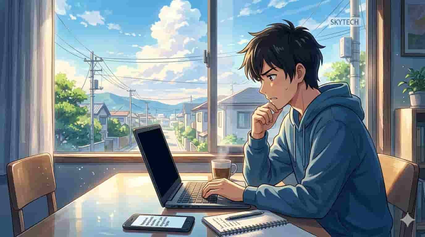 Notebook reiniciando sozinho: guia de diagnóstico rápido 7 Ilustração estilo anime de jovem em quarto ensolarado frustrado com notebook reiniciando sozinho e logo SKYTECH visível.