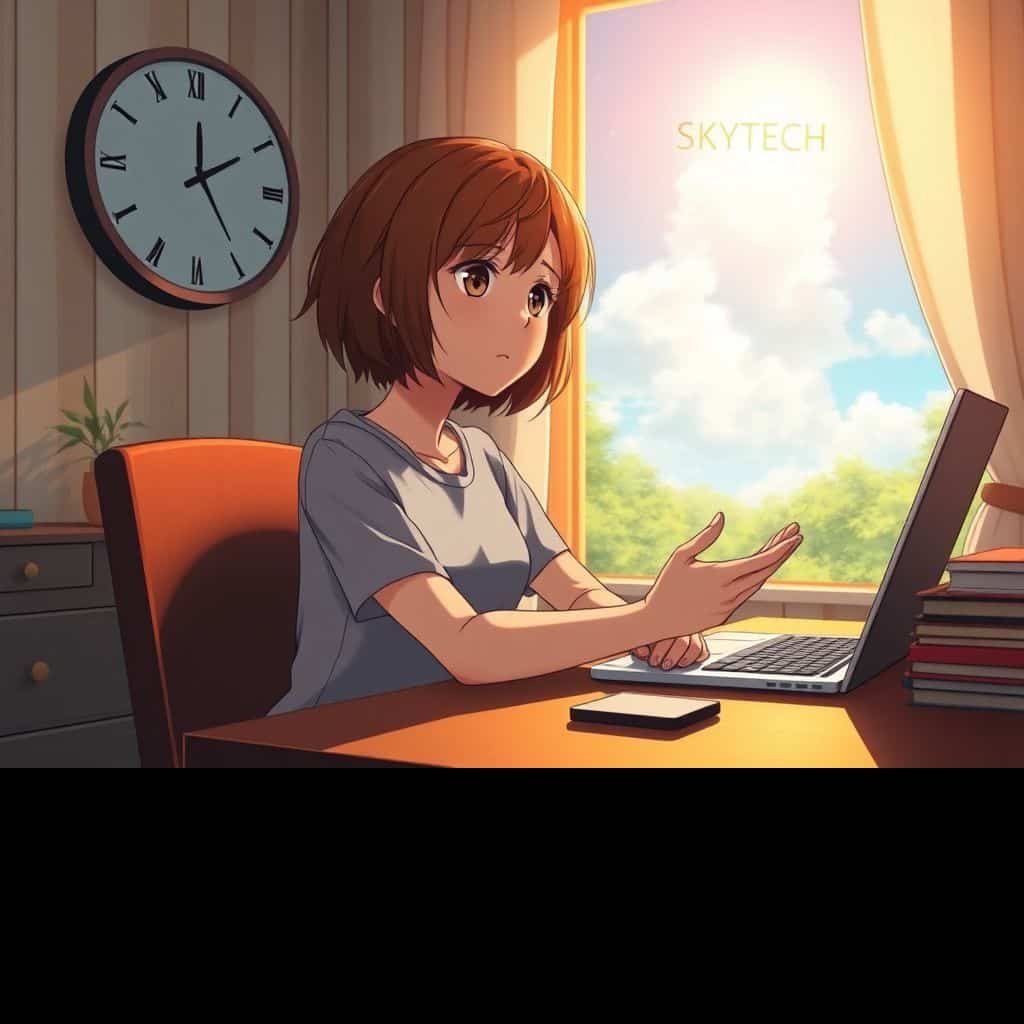Notebook não sai da tela da BIOS: o que fazer agora? 2 Ilustração estilo anime de pessoa frustrada com notebook que não inicia o sistema, travado na BIOS, em quarto ensolarado com marca SKYTECH no relógio.