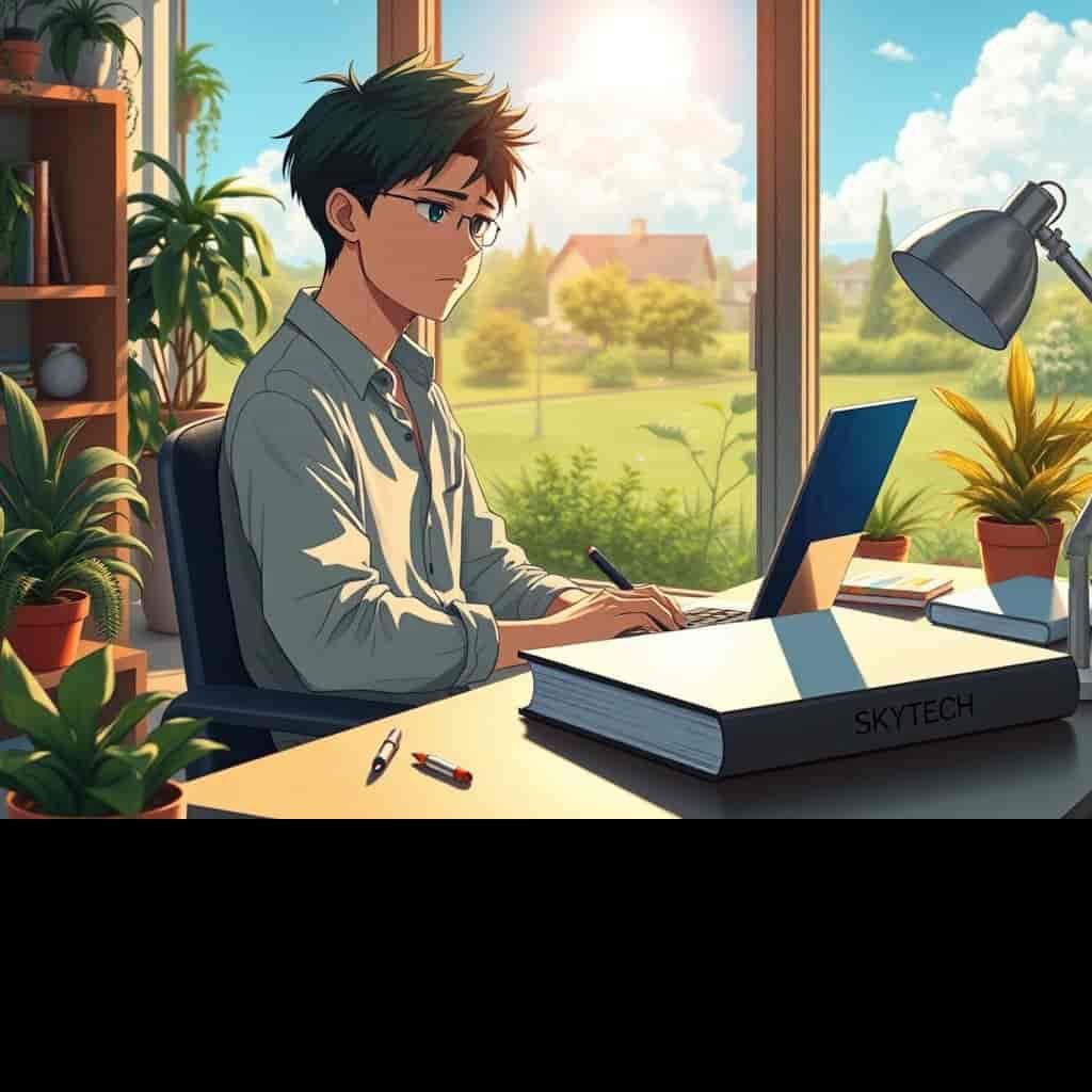 Ilustração estilo anime de pessoa frustrada com notebook travado na tela da logo em quarto ensolarado, com o nome SKYTECH visível no relógio.
