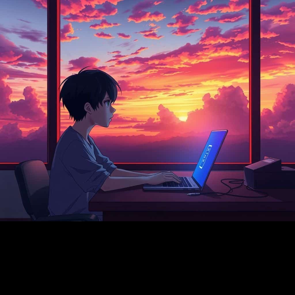 Ilustração estilo anime de uma pessoa frustrada com notebook travando no navegador, com o logo Skytech ao fundo.