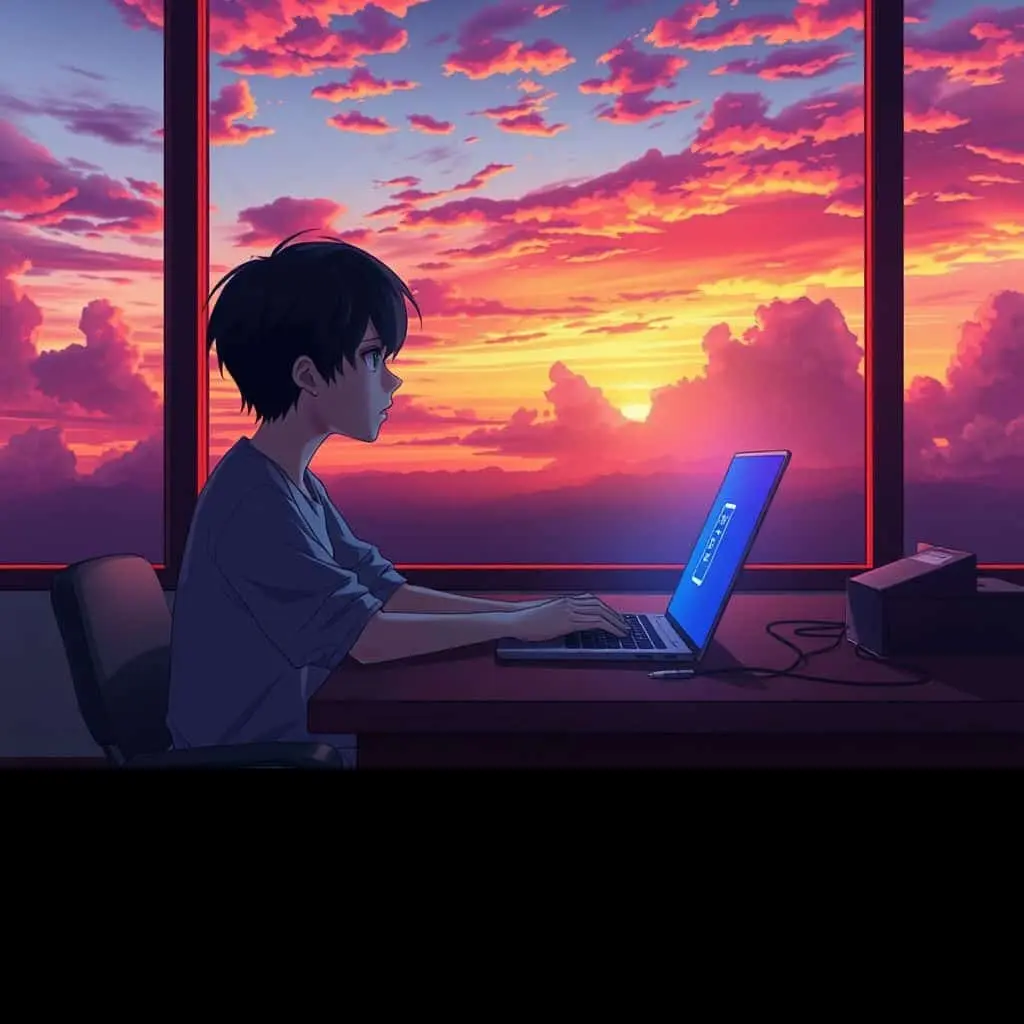 Notebook travando no navegador: ajustes que funcionam 2 Ilustração estilo anime de uma pessoa frustrada com notebook travando no navegador, com o logo Skytech ao fundo.