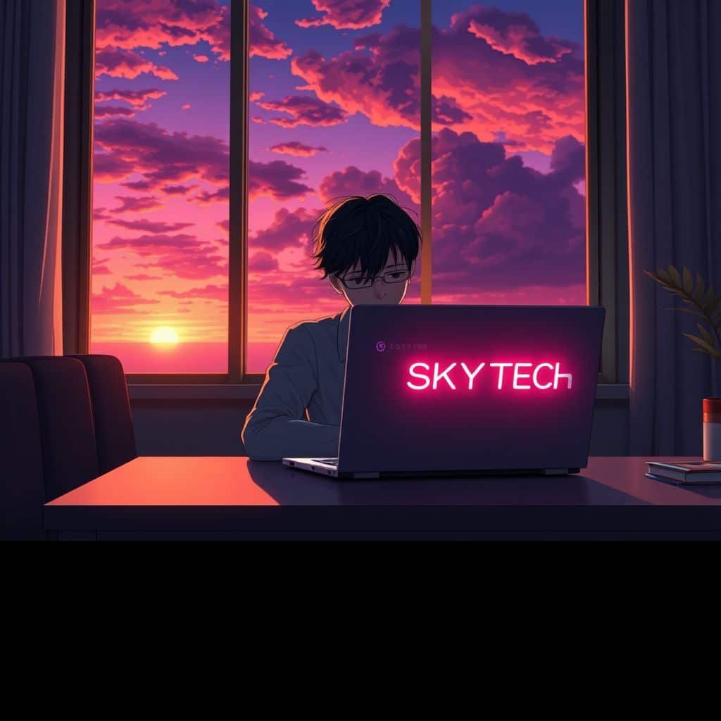 Ilustração estilo anime de uma pessoa frustrada com um notebook travado em uma reunião online, com a marca Skytech visível no aparelho.