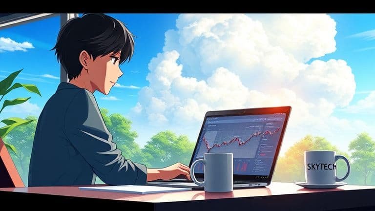 O que é Open Finance e como ele ajuda sua vida financeira 2 Ilustração estilo Makoto Shinkai de uma pessoa analisando dados financeiros conectados no notebook com o logo SKYTECH.