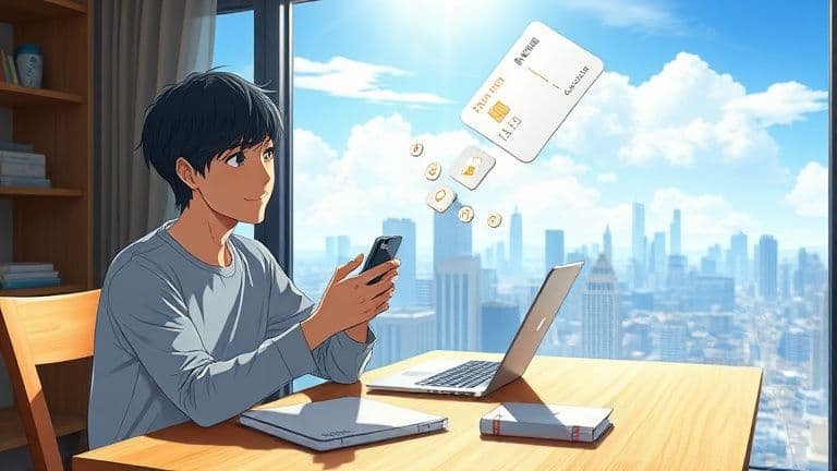 Ilustração Makoto Shinkai de pessoa organizando assinaturas digitais no celular usando cartão virtual e marca SKYTECH.