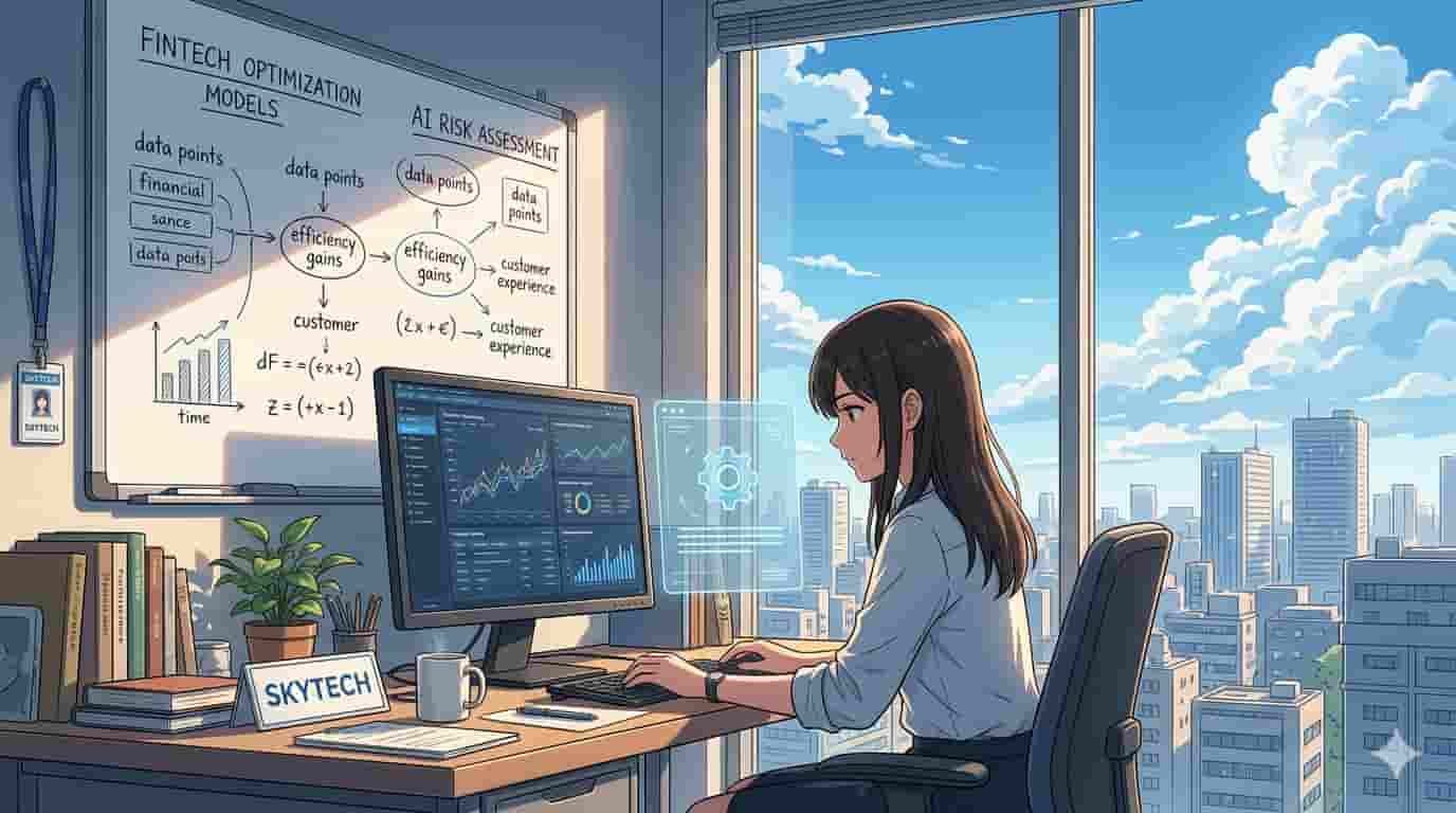 O papel da inteligência artificial no suporte das fintechs 2 Ilustração estilo anime de mulher em escritório usando IA para análise financeira com logo Skytech.