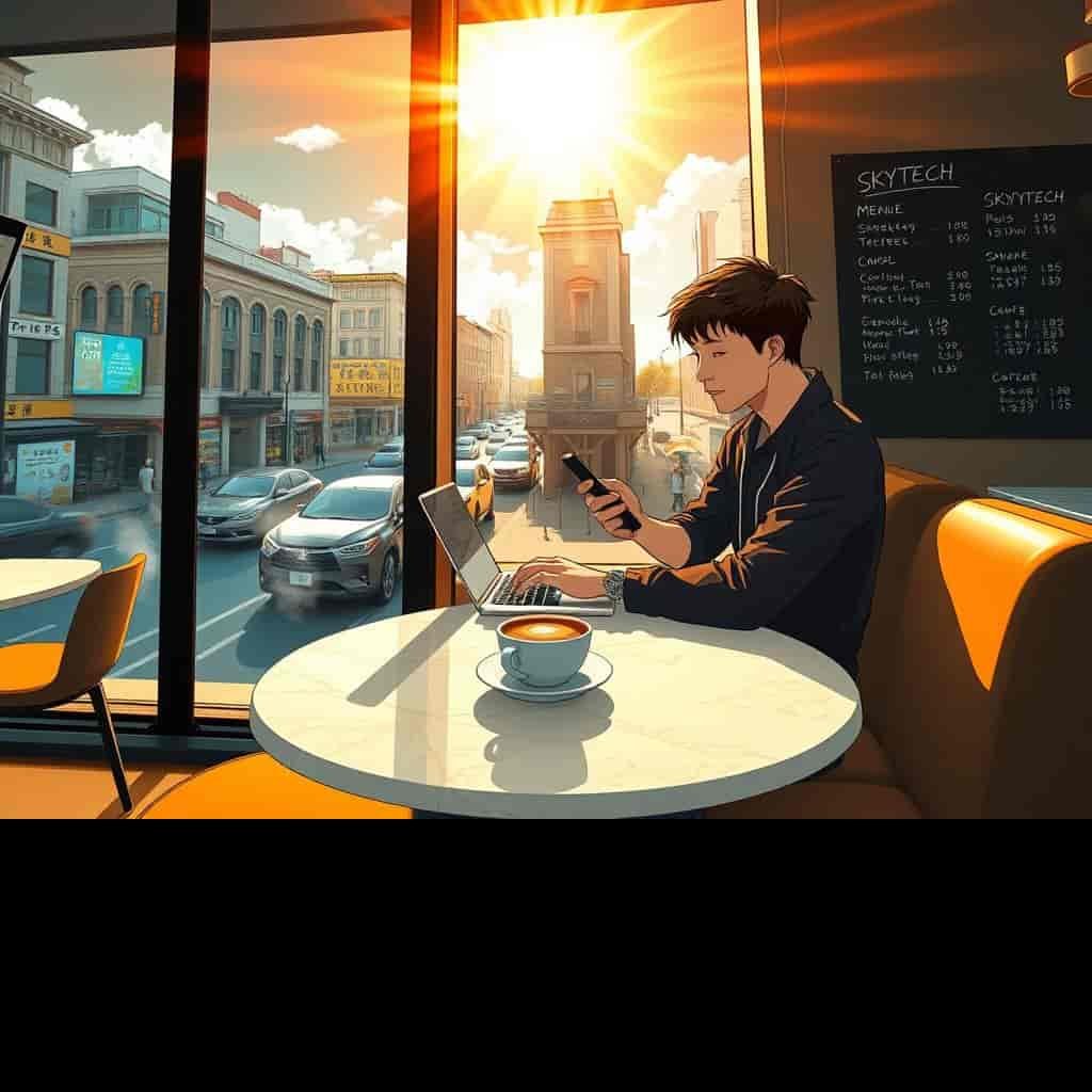 Ilustração estilo anime de uma pessoa organizada usando notebook e celular em um café moderno, com o nome SKYTECH visível.